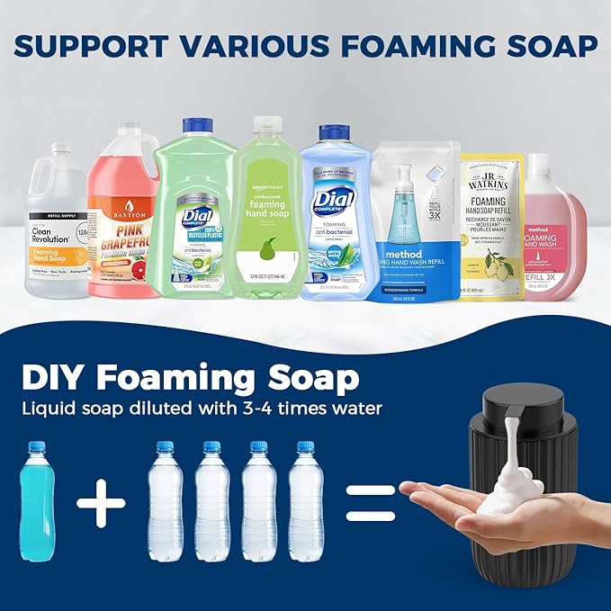 Ceramic Foaming Hand Soap Dispenser, 12 oz Bathroom Soap Dispensers, Lotion Dispenser for Kitchen, Refillable Matte Streaks Soap Dispenser with Large Pump (Black)