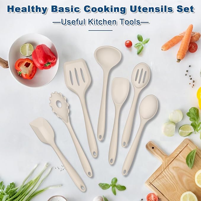 TeamFar Silicone Cooking Utensils, 7 PCS Heat Proof Kitchen Utensils Set, Kitchen Tools Spatula Turner Ladle Spoon Pasta Fork for Nonstick Cookware, Non-Toxic & Dishwasher Safe, Khaki - Image 7