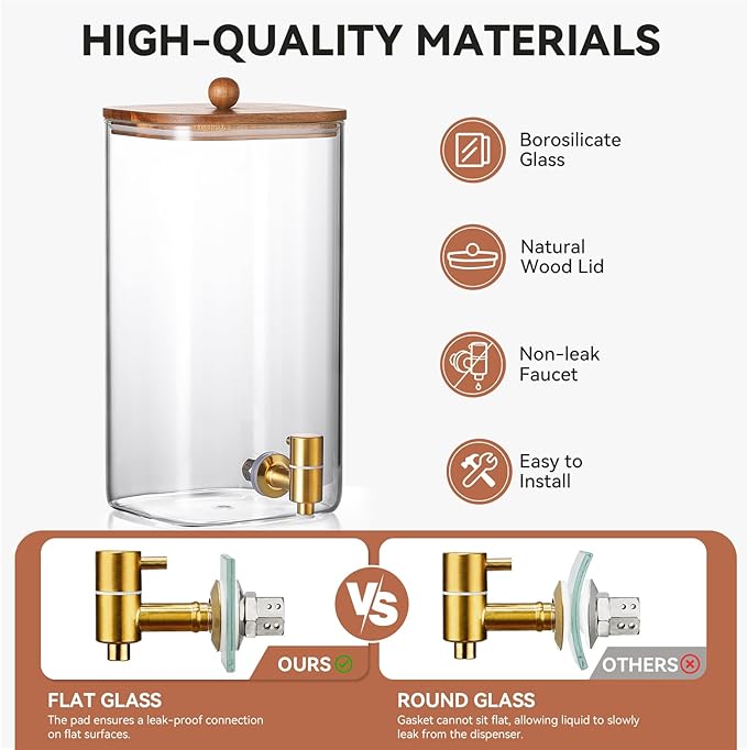 2 Pack 1.5 Gallon Square Glass Drink Dispenser with Wooden Stand & Lid, Large Beverage Dispenser with Stainless Steel Spigot, Juice & Lemonade Dispenser for Parties, Iced Tea, Water, Space-Saving - Image 4