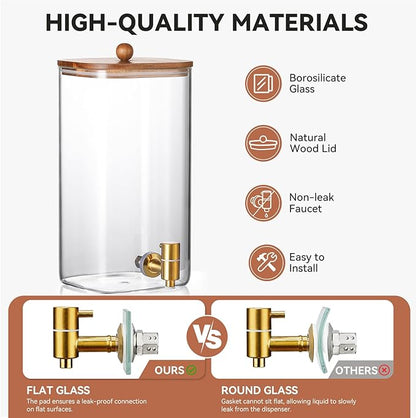 2 Pack 1.5 Gallon Square Glass Drink Dispenser with Wooden Stand & Lid, Large Beverage Dispenser with Stainless Steel Spigot, Juice & Lemonade Dispenser for Parties, Iced Tea, Water, Space-Saving - Image 4