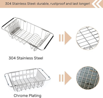 Sink Dish Drainer Rack, Expandable 304 Stainless Steel Dish Drying Rack Organizer with Stainless Steel Utensil Rack, Adjustable 14.96" to 20.59" Inside The Sink (up to 7 Upright Utensils).