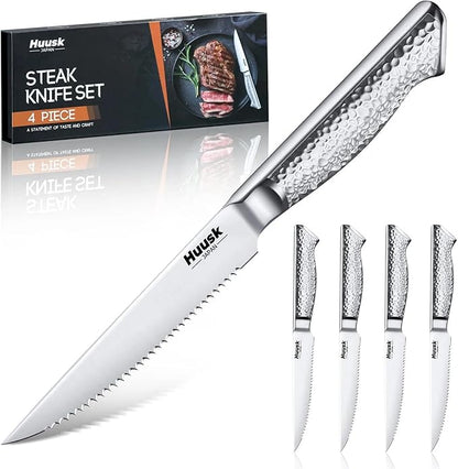 Huusk Japanese Steak Knives Set of 4-4.5" Serrated Steak Knife Set Dishwasher Safe, Stainless Steel Steaks Knives, One-Piece Structure with Anti-slip Handle, Christmas Gifts for Men Women