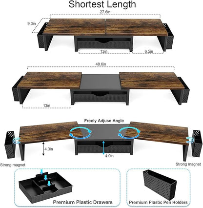 gianotter Dual Monitor Stand Riser, Desk Organizer With Drawer and 2 Pen Holders,Computer Monitor Stand, Desk Shelf for Top of Desk, Wood - Image 6