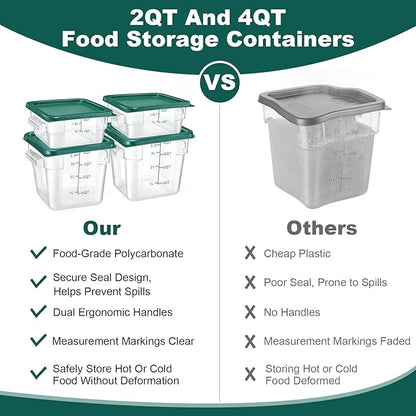 4 Pack 4QT Food Storage Containers with Green Lids, Clear Square Restaurant Commercial Food Storage Containers with Handle and Scale, Marinating Container Dough Rising Bucket for Home & Dining