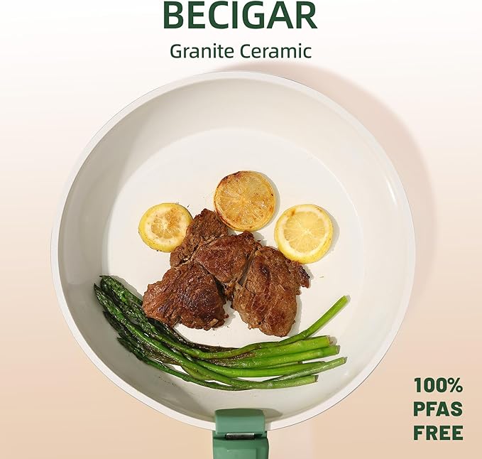 BECIGAR 23pcs Ceramic Pots and Pans Set, Nonstick Detachable Handle Cookware, Induction Kitchen Cooking Set with Removable Handle,include Frying Pans & Saucepans Oven Safe(Green) - Image 7