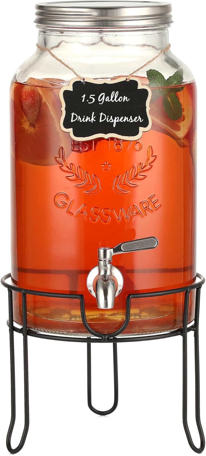 1.5 Gallon Glass Drink Dispenser with Stand – Large Beverage Dispenser with Stainless Steel Spigot, Chalkboard Tags & Marker – Glass Water Dispenser for Fridge, Parties, Weddings and Home Use,Silver by Unknown
