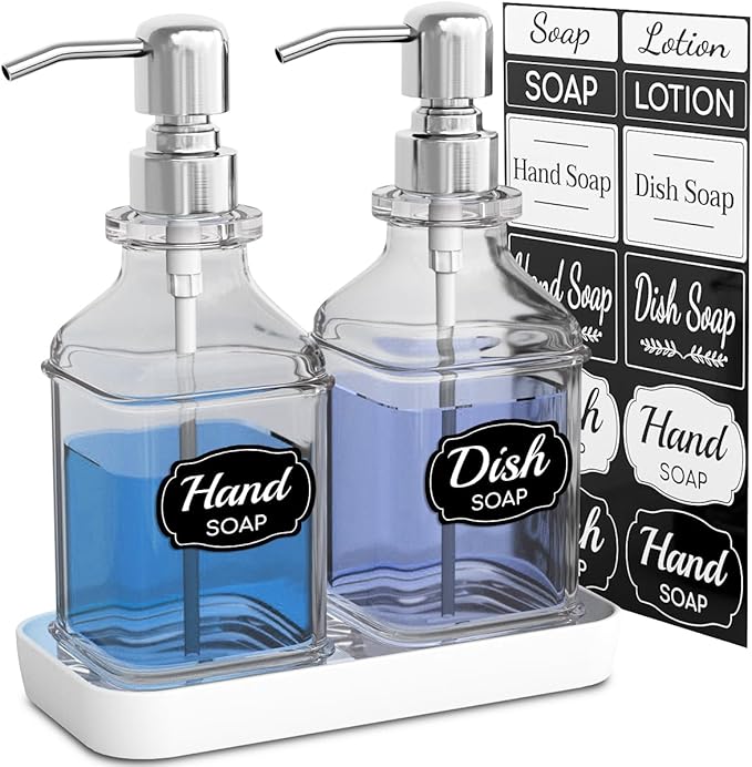 LMQML Soap Dispenser - 2 Pack, Antique Design Thick Glass Hand Soap Dispensers with Sturdy Tray; 304 Rust Proof Stainless Steel Silver Pump, 12Pcs Stickers, for Kitchen, Bathroom by LMQML
