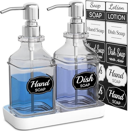 LMQML Soap Dispenser - 2 Pack, Antique Design Thick Glass Hand Soap Dispensers with Sturdy Tray; 304 Rust Proof Stainless Steel Silver Pump, 12Pcs Stickers, for Kitchen, Bathroom by LMQML