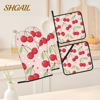 Oven Mitts and Hot Pads Set - Pink Cherry Design, Heat Resistant Cute Pot Holders for Kitchen, Baking Gifts for Women
