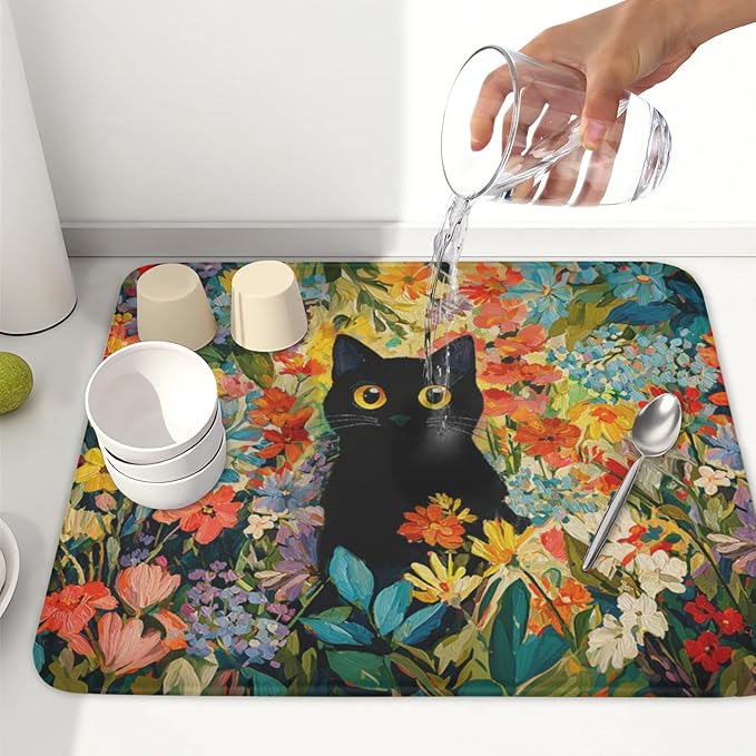 Spring Summer Floral Cat Dish Drying Mat for Kitchen Counter Abstract Oil Painting Wildflower Microfiber Dish Drainer Mat Rustic Absorbent Washable Drying Pad 16"x18"