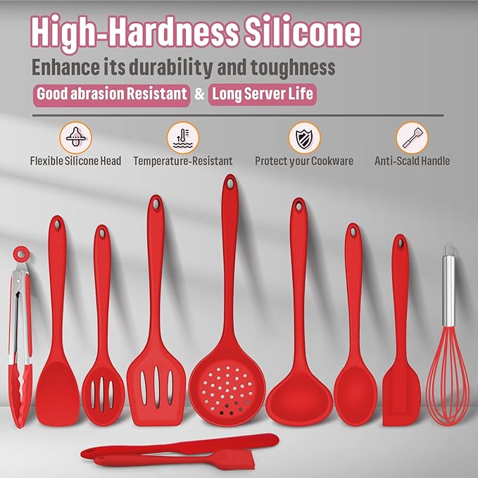 Silicone Kitchen Utensils Set, E-far 23 Pcs Red Cooking Utensils Tools with Holder for Nonstick Cookware, Include Spatula/Spoon/Ladle/Tongs/Turner, Heat Resistant & Nontoxic, Dishwasher Safe - Image 5