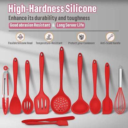 Silicone Kitchen Utensils Set, E-far 23 Pcs Red Cooking Utensils Tools with Holder for Nonstick Cookware, Include Spatula/Spoon/Ladle/Tongs/Turner, Heat Resistant & Nontoxic, Dishwasher Safe - Image 5