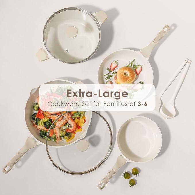 SENSARTE Nonstick Ceramic Cookware Set Large-Size 13-Piece, Healthy Pots and Pans Set, Non-toxic Kitchen Cooking Set with Stay-Cool Handles, PFAS and PFOA Free, Cream White - Image 7
