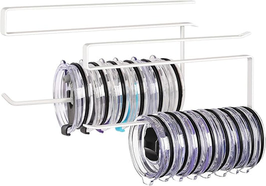 2 Pack Tumbler Lid Organizer, Horizontal Tumbler Lid Storage Hook Up to 20 Lids, Space Saving Cup Lid Holder Under Cabinet Tumbler Lid Hook for Kitchen Organizer, Paper Towel Hanger(Round&Flat, White) by JOLENSOY