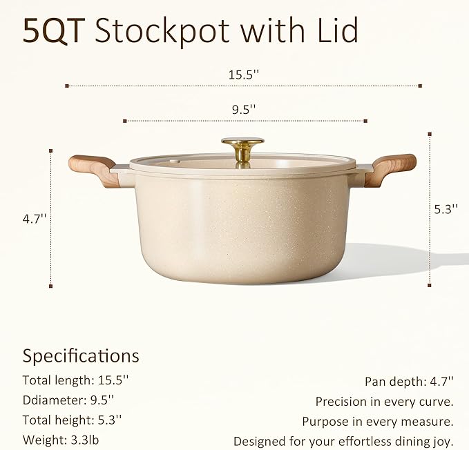 CAROTE 5 Qt Nonstick Stock Pot with Lid Soup Pot, Ceramic 5 Quart Casserole with Lid, Easy to Clean Non Stick Cooking Pot Cookware PFOA Free, Ceramic Oatmeal - Image 2