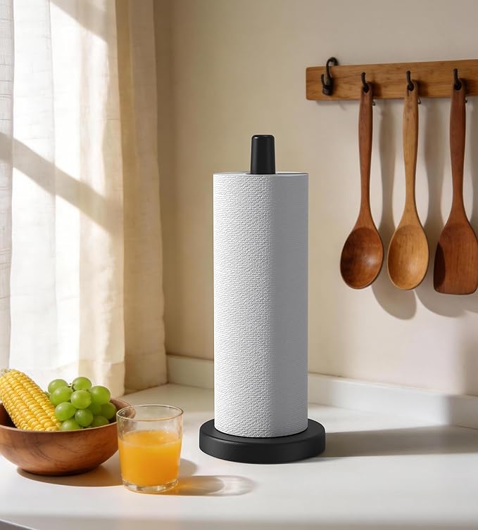 KitchLife Wooden Paper Towel Holder Countertop - Solid Freestanding Paper Towel Dispenser Stand with Anti-Skid Base (Black) - Image 6