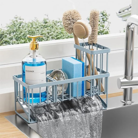 Cisily Sink Caddy Organzier with High Brush Holder, Sponge Holder for Sink, 304 Rustproof Stainless, Kitchen Countertop Soap Dispenser Organizer, Gray Blue Kitchen Decor and Accessories by CISILYHOMELIFE