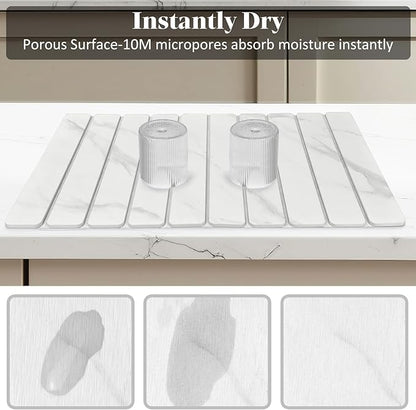 Large Stone Dish Drying Mats for Kitchen Counter, 24"(L)×16"(W) Marble-Pattern Dish Drying Mat, Eco-Friendly Absorbent Diatomaceous Earth Mats for Dishes Bottles Cups, Match Any Countertop