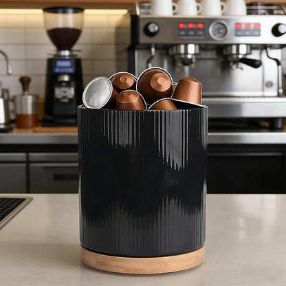 QUELIEN Utensil Holder, 360° Rotating Ceramic Kitchen Utensil Holder for Countertop, 7.7" Utensil Crock for Kitchen Counter with Rotatable Wooden Base,Ideal Housewarming Gift & Mothers Day Gift
