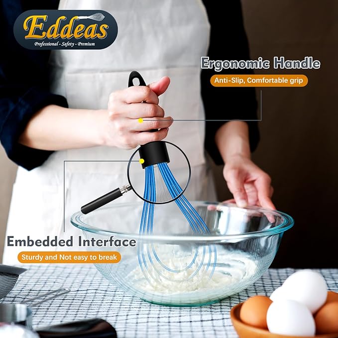 Eddeas Silicone Whisk, Non Scratch Whisk for Cooking, 5+7+9+11in Balloon Whisks, Suitable for Mixing, Blending. 11in Flat Whisks great for Ceramic Coated pans and Wider shallower pots. (Blue) - Image 9