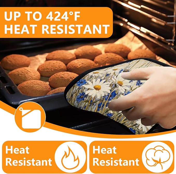 Daisy Flowers Oven Mitts and Pot Holders Sets 4Pcs,Extra Long Oven Gloves Potholder for Kitchen Cooking Baking BBQ 100% Cotton Heat Resistant - Image 4