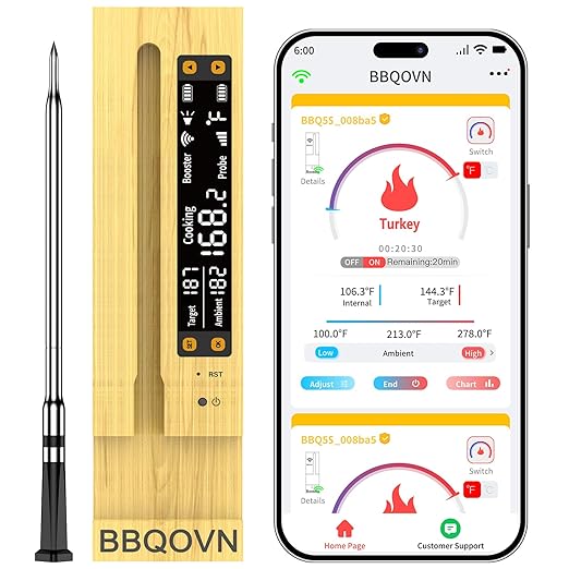 BBQOVN WiFi Sub-1G Wireless Meat Thermometer Unlimited Range 7 NIST Certified Sensors with Ambient Temp 2 Temp Monitoring Ways Digital Smart Base and App for BBQ, Smoker, Grill, Oven (Single Probe)