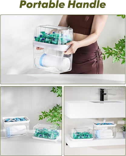 iCASA Trash Bag Dispenser Dishwasher Pod Organizer, 3 in 1 Grocery Garbage Bags Holder Storage Box Clear Laundry Room Pods Dishwasher Tab Cleaner Tablets Container Pantry Kitchen Under Sink Organizers - Image 6