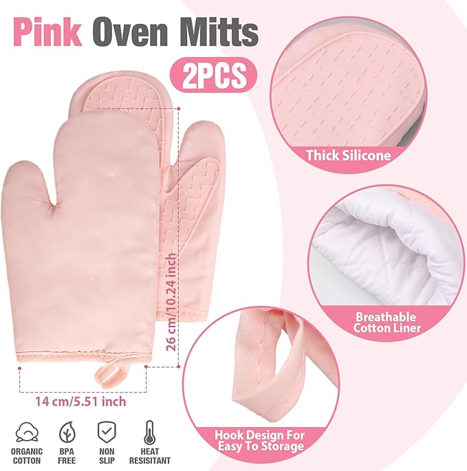 Sumind Pink Oven Mitts and Pot Holders 7 Sets, Heat Resistant Kitchen Gloves Pads Potholders for Mother Women Gifts Pot Holders Kitchen Accessories Gift(Pink White,Rubber Cotton,Stripes) - Image 2