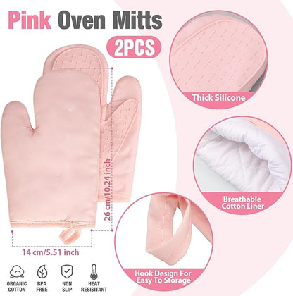 Sumind Pink Oven Mitts and Pot Holders 7 Sets, Heat Resistant Kitchen Gloves Pads Potholders for Mother Women Gifts Pot Holders Kitchen Accessories Gift(Pink White,Rubber Cotton,Stripes) - Image 2