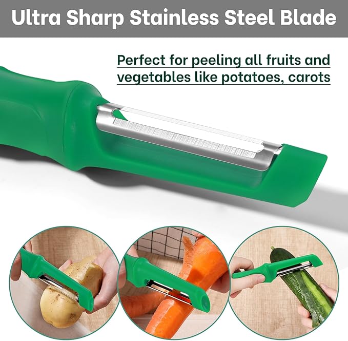 Beneno Swivel Vegetable Peeler, Razor-Sharp Smooth Peeling Potato Peelers with Stainless Steel Blades, Ergonomic Comfort Non-Slip Rubber Handle, Durable Kitchen Peelers with Potato Eye Remover, Green - Image 4