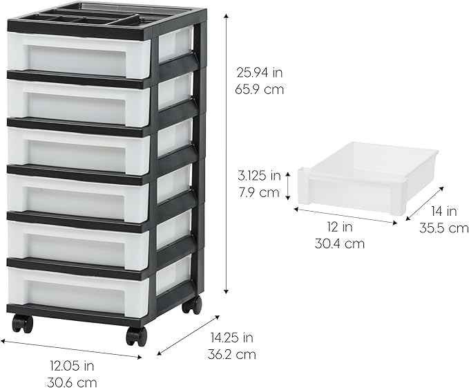 IRIS USA Craft Plastic Organizers and Storage, Rolling Storage Cart for Classroom Supplies, Storage Organizer for Art Supplies, Drawer Top Organizer for Small Parts, 6 Drawer, Black/Pearl - Image 3
