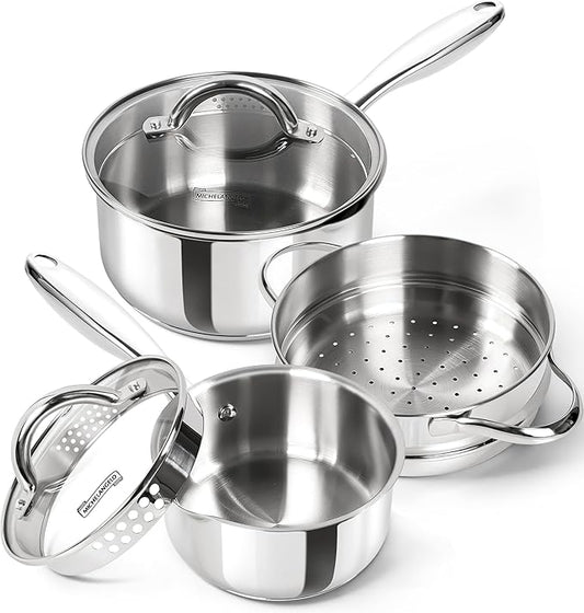 MICHELANGELO Stainless Steel Sauce Pot Set with Steamer 5Pcs, 18/10 Saucepan Set with Pour Spout & Strainer Glass Lids, Sauce pan with Triply Bottom Induction Compatible - 1QT & 2QT by Michelangelo