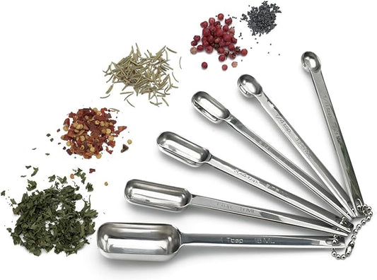 RSVP International Endurance Stainless Steel Spice Measuring Spoons, Set of 6 | 1/8 tsp to 1 Tbsp Measurements | Nest for Easy Storage | Dishwasher Safe | Dry or Liquid | Baking or Cooking by RSVPInternational