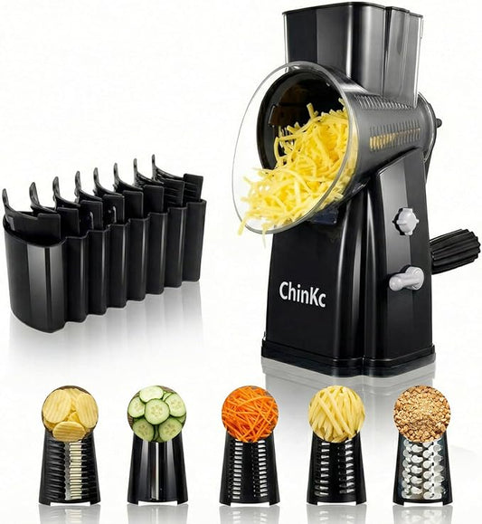 Upgrade Rotary Cheese Grater Shredder with Handle, Strong Suction Base, Multi-purpose Rotary Grater Slicer with 5 Interchangeable Blades for Ice, Vegetables, Fruit, Nuts with Blade Storage Box by ChinKc