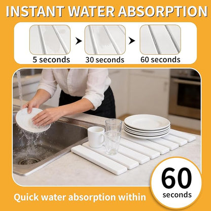 Stone Dish Drying Mat for Kitchen Counter, 16''×12'' Quick Dry Stone Dishes Mats Foldable Water Absorbing Diatomaceous Earth Drying Organizer Mat for Dishes Utensils Bottles Any Countertop(White) - Image 2