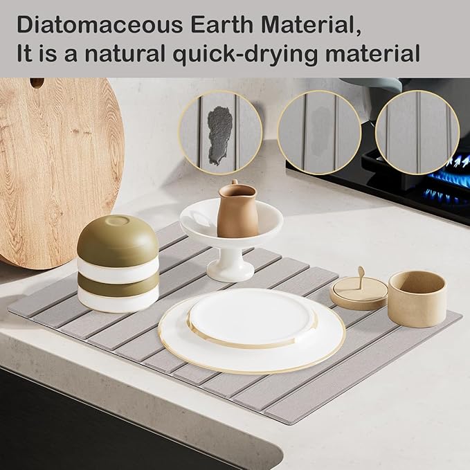 Large Stone Dish Drying Mat for Kitchen Counter, 24"(L)×16"(W) Collapsible Kitchen Dish Drying Mat, Absorbent Quick Dry Diatomaceous Earth, for Dishes Bottles Cups, Match Any Countertop - Image 3