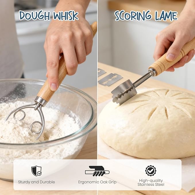 RORECAY Bread Banneton Proofing Basket Set, 9 Inch Round & 10 Inch Oval Cane Sourdough Baskets with Dough Whisk Lame Dough Scraper Bowl Scraper Silicone Brush Sourdough Bread Baking Supplies - Image 4
