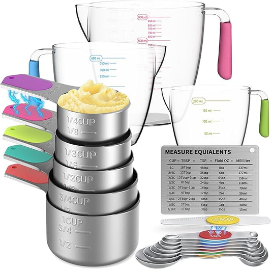 Magnetic Measuring Cups and Spoons Set, 5 Stainless Steel Measuring Cups for Dry and Liquid Ingredients, 7 Magnetic Measuring Spoons, 3 Plastic Measuring Cup with 1 Measuring Conversion Chart by Minteem-MeasuringCups