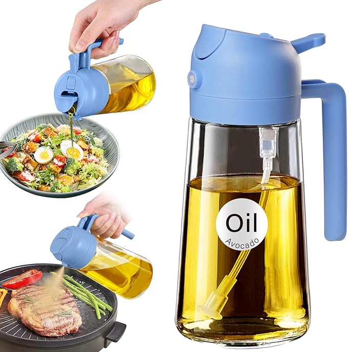 YARRAMATE 16oz/470ml Glass Olive Oil Sprayer for Cooking with Stickers, 2 in 1 Oil Dispenser for Kitchen Gadgets, Food Grade Premium Spray Bottle with Portion Control for Salad, BBQ(SkyBlue) by YARRAMATE