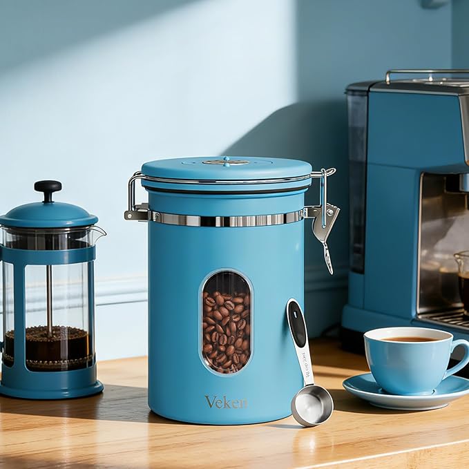 Veken Coffee Canister with Window, Airtight Stainless Steel Kitchen Food Storage Container with Lids, Date Tracker and Scoop for Grounds Coffee, Beans, Tea, Flour, Cereal, Sugar Jars, 22OZ, Blue - Image 3