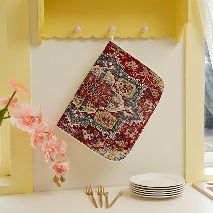 Burgundy Red Dish Drying Mat 18 x 24 inch Bohemian Rug Carpet Decorative Drying Mats Microfiber Absorbent Boho Dish Washable Draining Mat for Kitchen Counter Decor