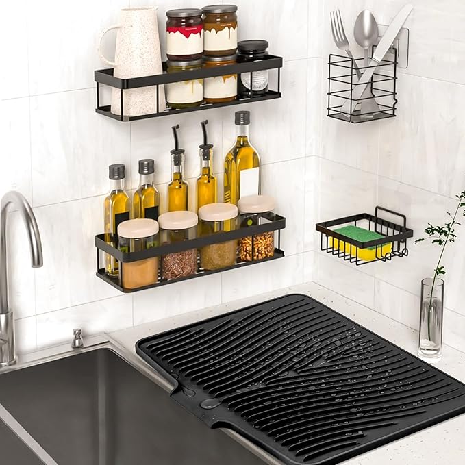 TIKNIK Silicone Dish Drying Mat, Stone Drying Mat for Kitchen Counter with Built-In Drain, Non-Slip Drain Pad with Built-in Drain, Heat Resistant Stone Drying Mat, Hangable, Black-1pc, 20" x 15" - Image 6