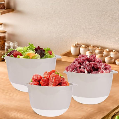 3 Plastic Mixing Bowls with Lids,Pour Spout,4.8in Deep Baking Mixing Bowl Set with TPR Bottom Non Slip,Kitchen Nesting Batter Bowls for Mixing,Prep Food,Dishwasher Safe,3Qt,2Qt,1.5Qt,Gray