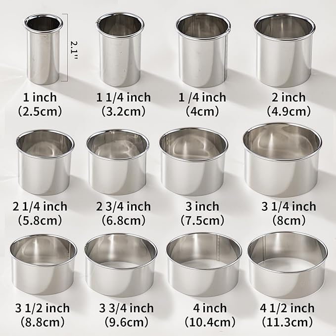 12 Pcs 304 Stainless Steel Biscuit Cutter Set, Round Cookie Cutters for Baking (1/2/3/4/5'') with PP Storage Box, Dough Pastry Cake Circle Cutting Ring Molds, Non-Rust Double Thickness & 2.1‘’ High - Image 2