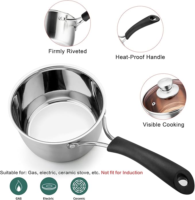 TeamFar 1qt & 2qt Saucepan with Lid, Stainless Steel Small Cooking Pot, Milk Sauce Pan with Long Handle for Home Kitchen, Non-Toxic & Heavy-Duty, Multi-use & Dishwasher Safe - Image 2