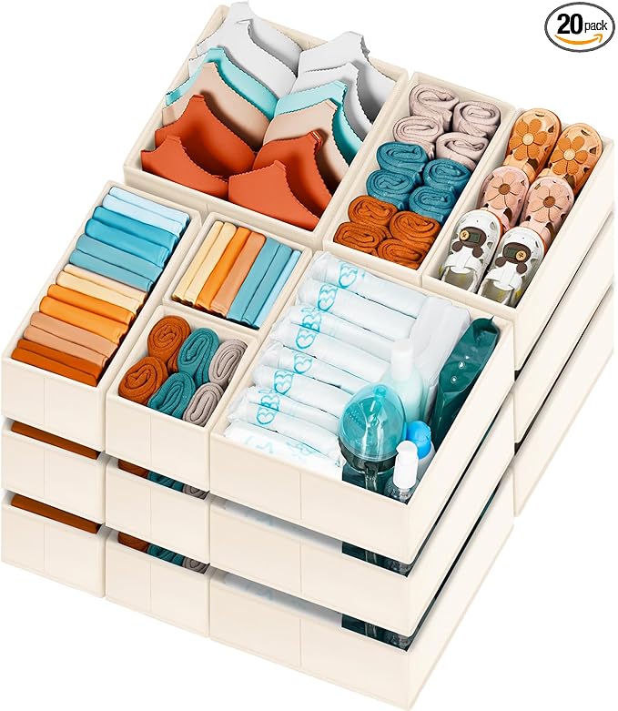 【FAMILY PACK】Drawer Organizer Clothes, 20 Pack Dresser Organizer Bins for Baby Clothes - Underwear Bra Sock Organizer - Fabric Closet Organization and Storage Dividers for Nursery Bedroom Dorm by Criusia