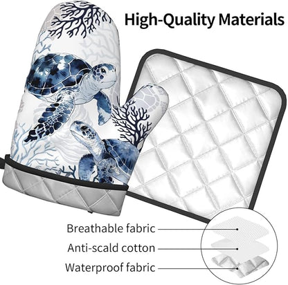Coastal Oven Mitts and Pot Holders Sets of 2 Summer Kitchen Mitts Blue Sea Turtle Hot Pads for Cooking Baking Grilling - Image 4