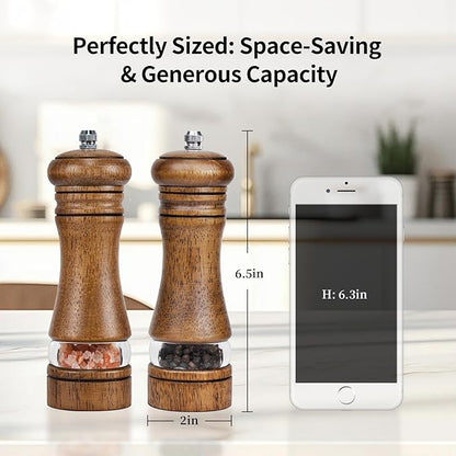 Haomacro Wood Salt and Pepper Grinder Mills Set, Classic Manual Pepper Grinder Salt Grinder Refillable Pepper Mill Sets with Acrylic Visible Window Adjustable Ceramic Grinding Rotor 6.5inch 2 Pack - Image 6
