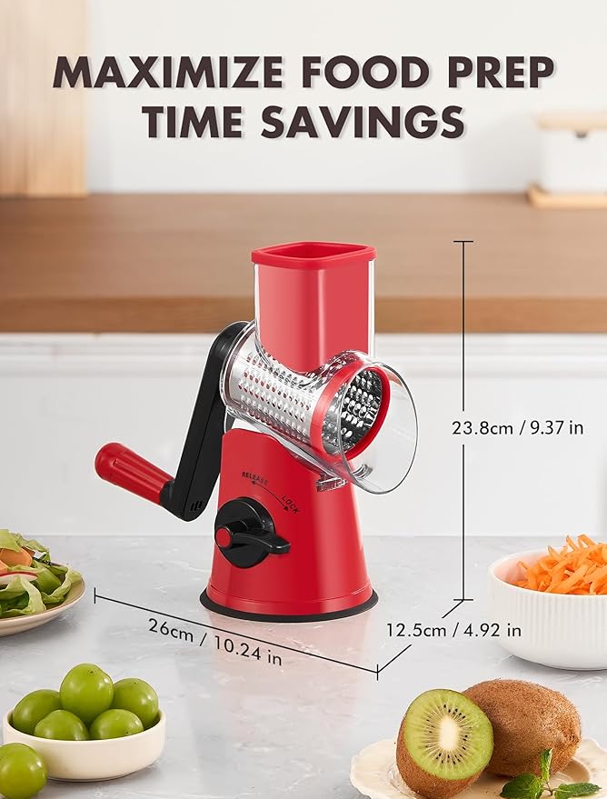 GDL Rotary Cheese Grater, Upgraded 5-in-1 Cheese Grater Hand Crank, Multi-purpose Cheese Shredder with Handle, Vegetable Slicer Cutter Ice Shaver for Potato, Carrot, Nuts, Chocolate - Image 7