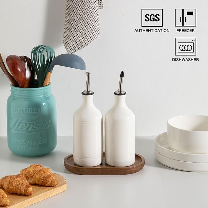 Sweejar Ceramic Olive Oil Dispenser Bottle Set, Opaque Oil Cruet Protects to Reduce Oxidation, Suitable For Storage Of Vinegar, Soy Sauce & Other Liquids,Pack of 2,15.5 Fl Oz（White） - Image 4